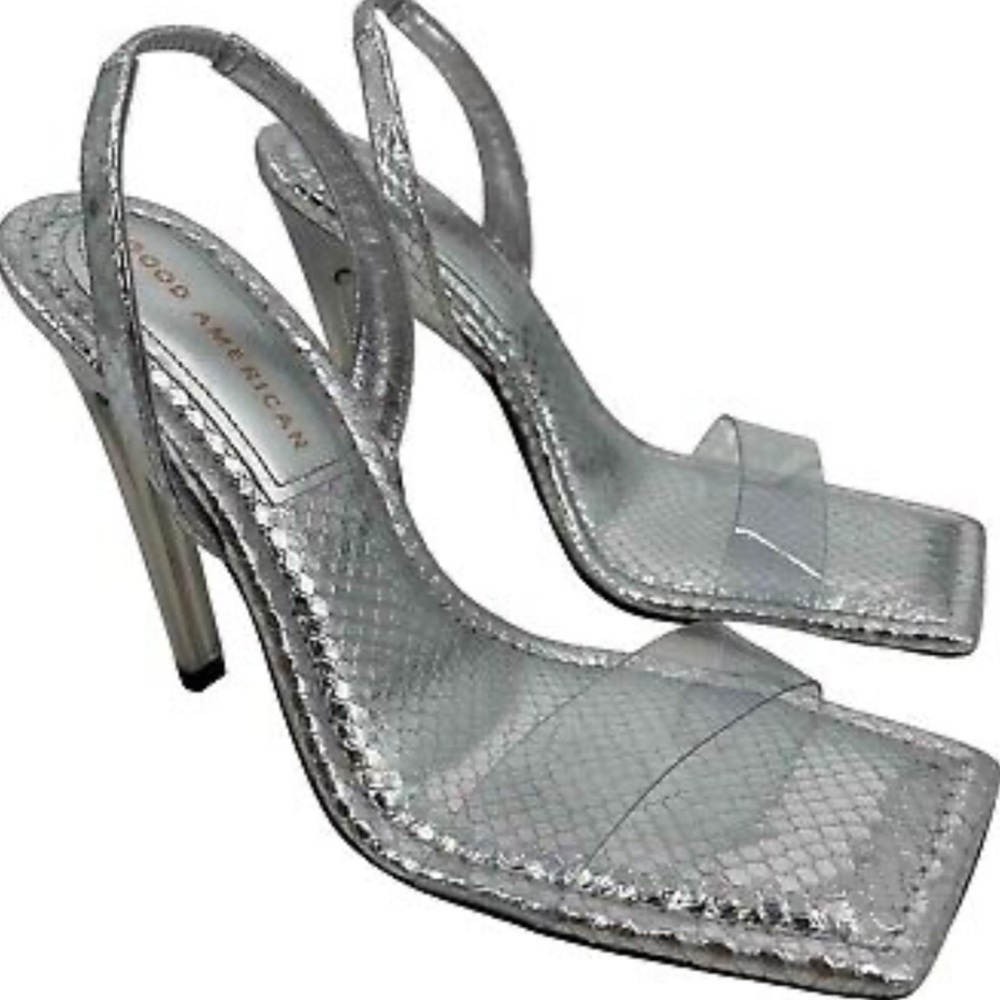 Good American New Leather Faux Python Silver Sling Back Pumps Square toe